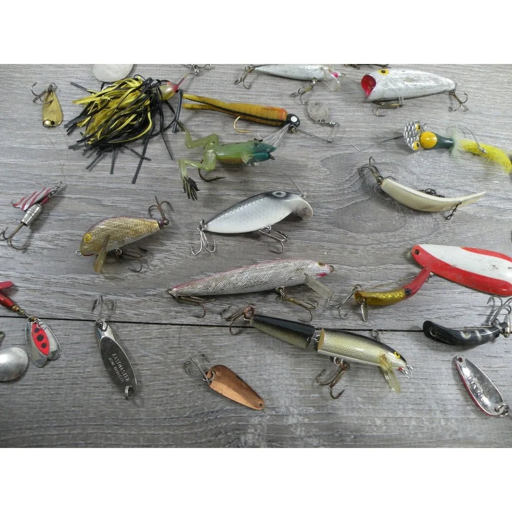 Vintage Fishing Lure Lot Mixed Hard Soft Baits Spoons Spinners Tackle Box